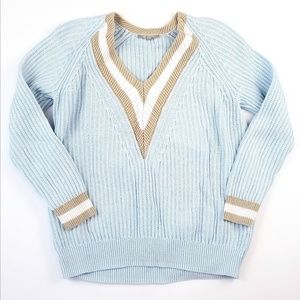 Joan Vass Blue V Neck College Sweater Medium